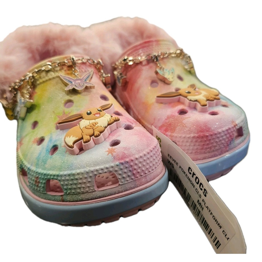 NWT Crocs Pokemon Eevee‎ Classic Platform Clogs Womens Size 5 Pink Multi Fur